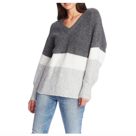 1.STATE Stripe V-Neck Tunic Ribbed Jersey Sweater - Picture 3 of 3